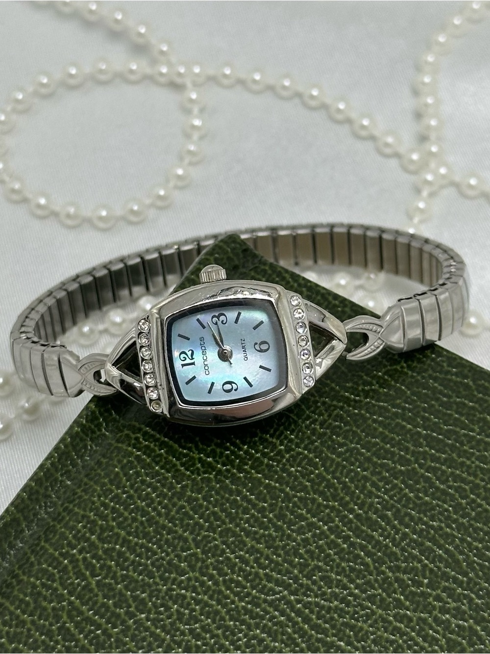Dainty Silver Watch with Diamanté Mother of Pearl Dial